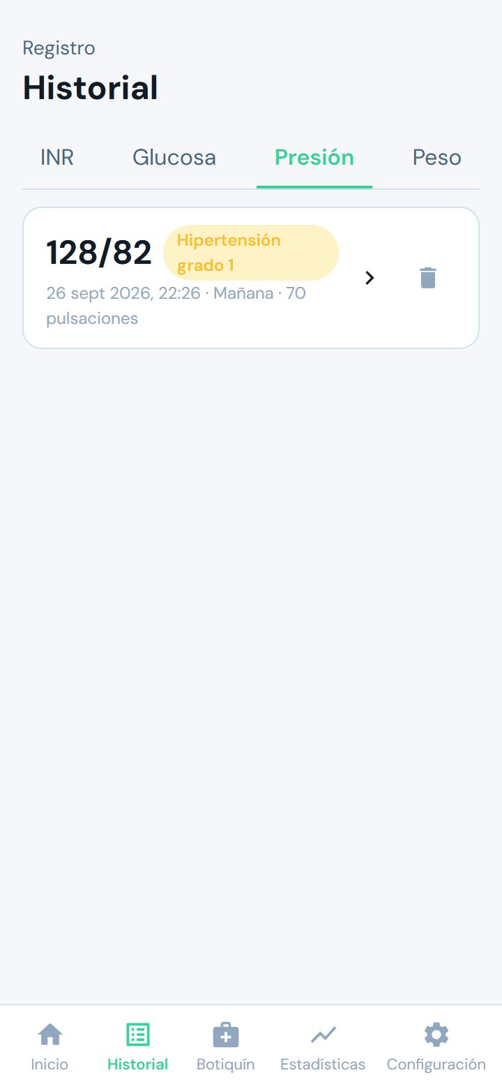 Historial de presión arterial con el estado de cada valor